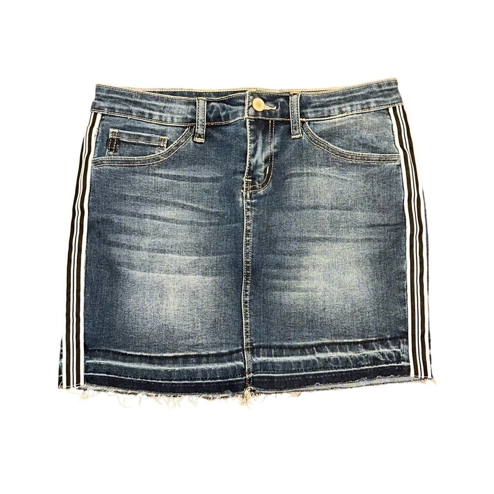 Denim Skirt With Black & White Stripe Ribbon
